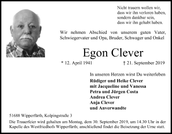 Anzeige von Egon Clever von Kölner Stadt-Anzeiger / Kölnische Rundschau / Express