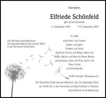 Anzeige von Elfriede Schönfeld von Kölner Stadt-Anzeiger / Kölnische Rundschau / Express