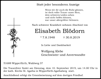 Anzeige von Elisabeth Blödorn von Kölner Stadt-Anzeiger / Kölnische Rundschau / Express