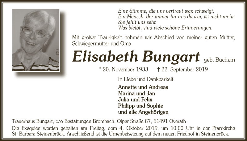  Traueranzeige für Elisabeth Bungart vom 28.09.2019 aus  Bergisches Sonntagsblatt 