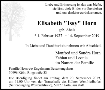 Anzeige von Elisabeth  Horn von Kölner Stadt-Anzeiger / Kölnische Rundschau / Express
