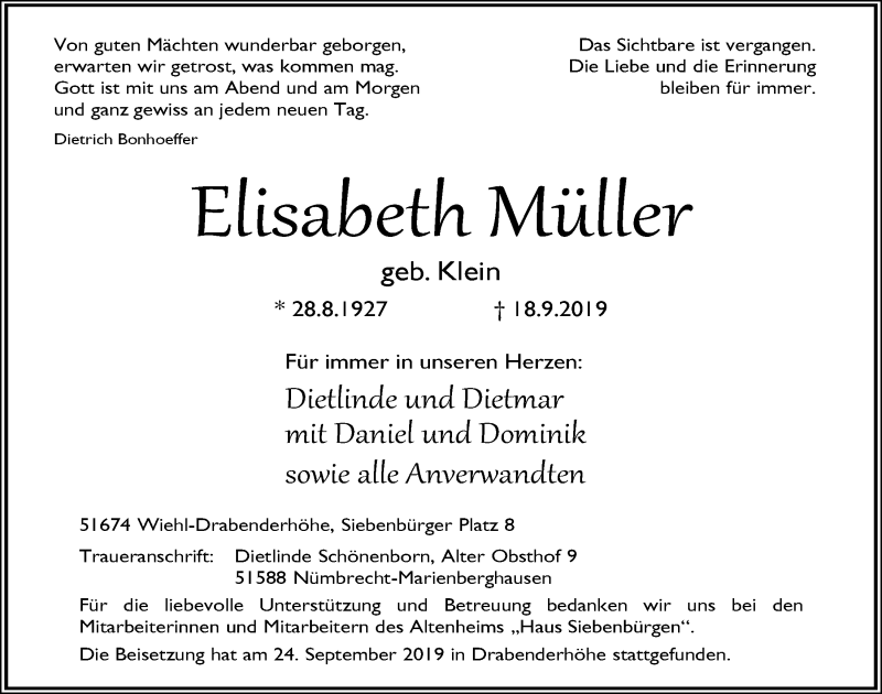  Traueranzeige für Elisabeth Müller vom 25.09.2019 aus  Anzeigen Echo  Lokalanzeiger 