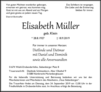Anzeige von Elisabeth Müller von Kölner Stadt-Anzeiger / Kölnische Rundschau / Express