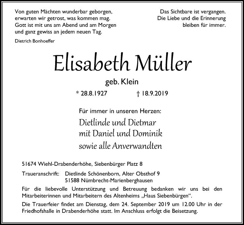  Traueranzeige für Elisabeth Müller vom 21.09.2019 aus Kölner Stadt-Anzeiger / Kölnische Rundschau / Express