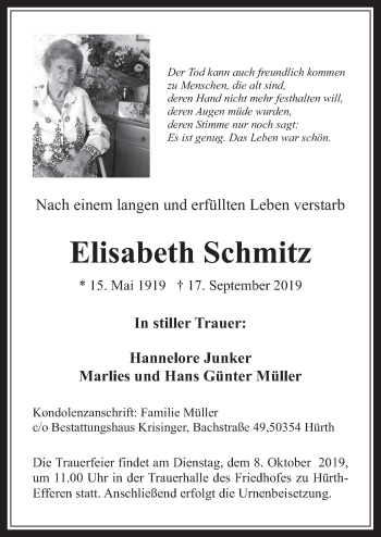 Anzeige von Elisabeth Schmitz von  Wochenende 
