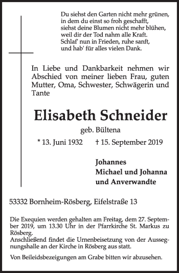 Anzeige von Elisabeth Schneider von  Schlossbote/Werbekurier 