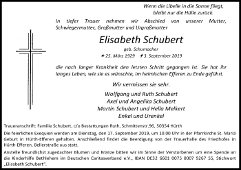 Anzeige von Elisabeth Schubert von Kölner Stadt-Anzeiger / Kölnische Rundschau / Express