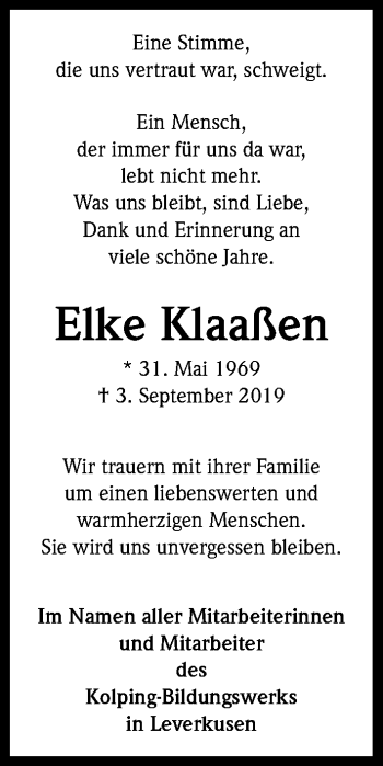 Anzeige von Elke Klaaßen von Kölner Stadt-Anzeiger / Kölnische Rundschau / Express