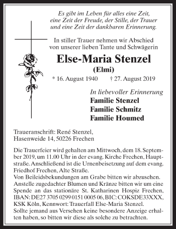 Anzeige von Else-Maria Stenzel von  Wochenende 