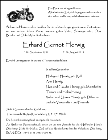 Anzeige von Erhard Gernot Herwig von  Anzeigen Echo 