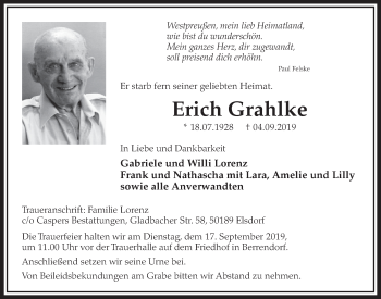 Anzeige von Erich Grahlke von  Sonntags-Post 