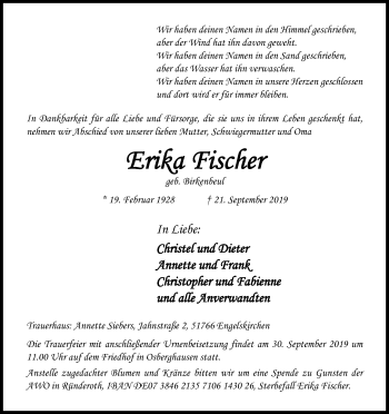 Anzeige von Erika Fischer von Kölner Stadt-Anzeiger / Kölnische Rundschau / Express