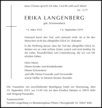 Anzeige von Erika Langenberg von Kölner Stadt-Anzeiger / Kölnische Rundschau / Express