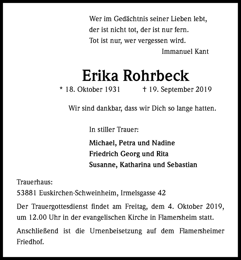  Traueranzeige für Erika Rohrbeck vom 30.09.2019 aus Kölner Stadt-Anzeiger / Kölnische Rundschau / Express