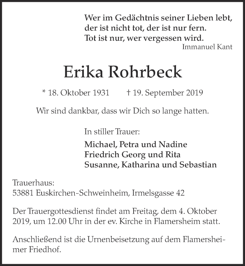  Traueranzeige für Erika Rohrbeck vom 28.09.2019 aus  Blickpunkt Euskirchen 