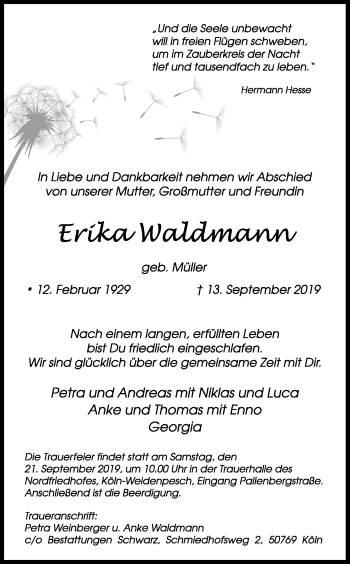 Anzeige von Erika Waldmann von Kölner Stadt-Anzeiger / Kölnische Rundschau / Express