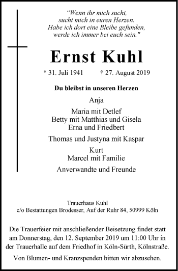 Anzeige von Ernst Kuhl von  Kölner Wochenspiegel 