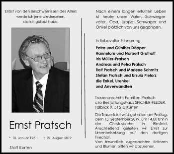 Anzeige von Ernst Pratsch von Kölner Stadt-Anzeiger / Kölnische Rundschau / Express