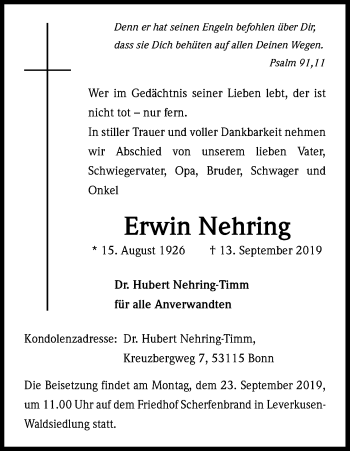 Anzeige von Erwin Nehring von Kölner Stadt-Anzeiger / Kölnische Rundschau / Express