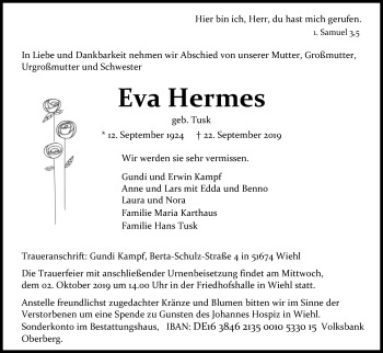Anzeige von Eva Hermes von Kölner Stadt-Anzeiger / Kölnische Rundschau / Express