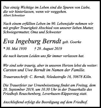 Anzeige von Eva Ingeburg Berndt von Kölner Stadt-Anzeiger / Kölnische Rundschau / Express