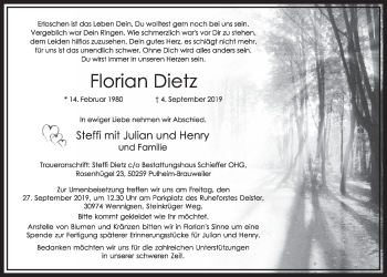 Anzeige von Florian Dietz von  Sonntags-Post 