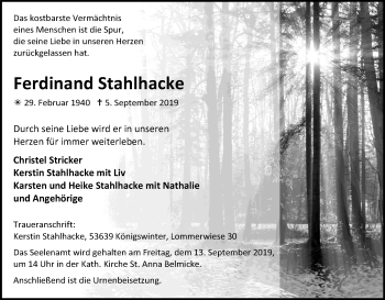 Anzeige von Ferdinand Stahlhacke von Kölner Stadt-Anzeiger / Kölnische Rundschau / Express