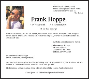 Anzeige von Frank Hoppe von Kölner Stadt-Anzeiger / Kölnische Rundschau / Express