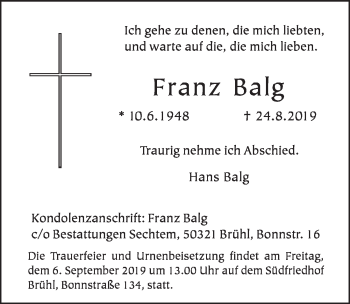 Anzeige von Franz Balg von  Schlossbote/Werbekurier 