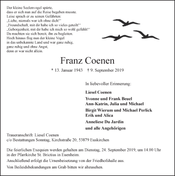 Anzeige von Franz Coenen von  Blickpunkt Euskirchen 
