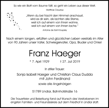 Anzeige von Franz Haeger von Kölner Stadt-Anzeiger / Kölnische Rundschau / Express