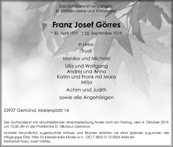 Anzeige von Franz Josef Görres von Kölner Stadt-Anzeiger / Kölnische Rundschau / Express