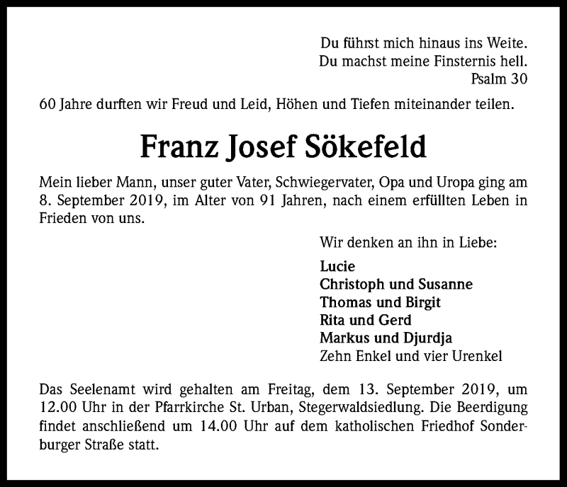  Traueranzeige für Franz Josef Sökefeld vom 11.09.2019 aus Kölner Stadt-Anzeiger / Kölnische Rundschau / Express