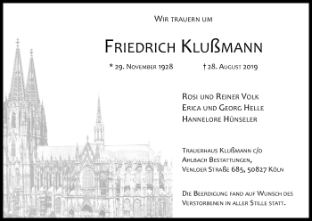Anzeige von Friedrich Klußmann von Kölner Stadt-Anzeiger / Kölnische Rundschau / Express