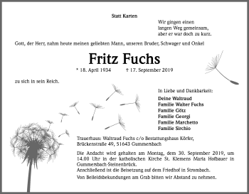 Anzeige von Fritz Fuchs von Kölner Stadt-Anzeiger / Kölnische Rundschau / Express