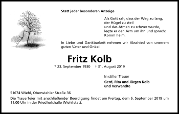 Anzeige von Fritz Kolb von Kölner Stadt-Anzeiger / Kölnische Rundschau / Express