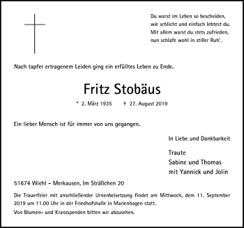 Anzeige von Fritz Stobäus von  Anzeigen Echo 