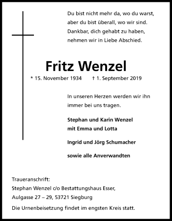 Anzeige von Fritz Wenzel von Kölner Stadt-Anzeiger / Kölnische Rundschau / Express