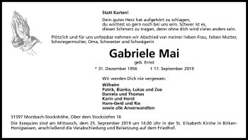 Anzeige von Gabriele Mai von Kölner Stadt-Anzeiger / Kölnische Rundschau / Express