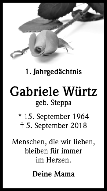 Anzeige von Gabriele Würtz von Kölner Stadt-Anzeiger / Kölnische Rundschau / Express