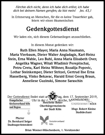 Anzeige von Gedenkgottesdienst  von Kölner Stadt-Anzeiger / Kölnische Rundschau / Express