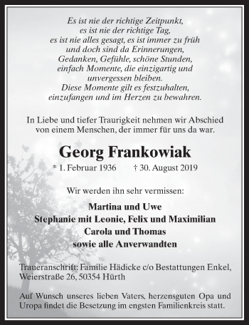Anzeige von Georg Frankowiak von  Wochenende 