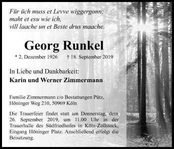 Anzeige von Georg Runkel von Kölner Stadt-Anzeiger / Kölnische Rundschau / Express
