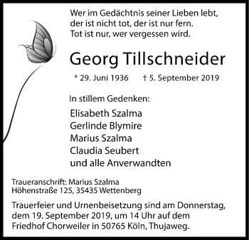 Anzeige von Georg Tillschneider von Kölner Stadt-Anzeiger / Kölnische Rundschau / Express