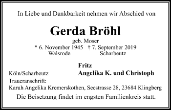 Anzeige von Gerda Bröhl von Kölner Stadt-Anzeiger / Kölnische Rundschau / Express