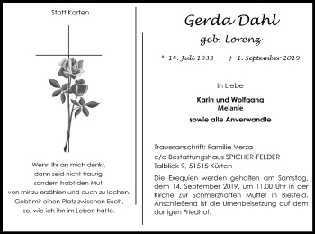 Anzeige von Gerda Dahl von Kölner Stadt-Anzeiger / Kölnische Rundschau / Express