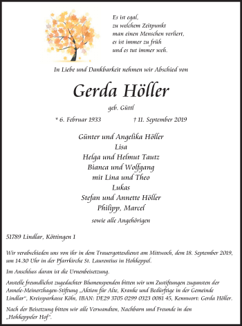 Anzeige von Gerda Höller von Kölner Stadt-Anzeiger / Kölnische Rundschau / Express