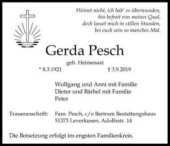 Anzeige von Gerda Pesch von Kölner Stadt-Anzeiger / Kölnische Rundschau / Express