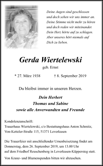 Anzeige von Gerda Wiertelewski von Kölner Stadt-Anzeiger / Kölnische Rundschau / Express