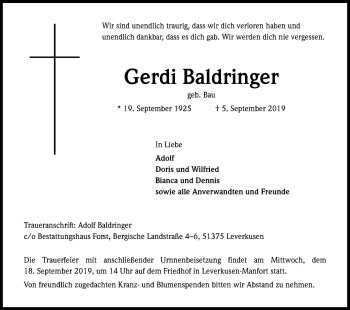 Anzeige von Gerdi Baldringer von Kölner Stadt-Anzeiger / Kölnische Rundschau / Express